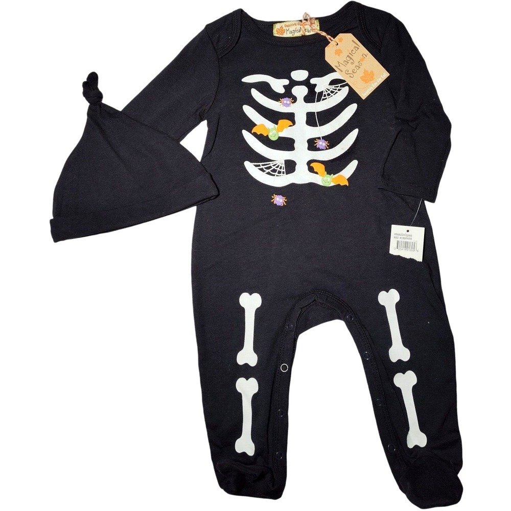 Magical Season Baby 6 9 Mos Black Halloween Footed Skeleton Sleeper Outfit‎ Hat